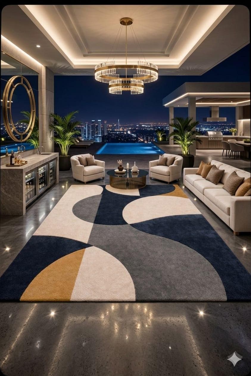 Modern Geometric Area Rug, Abstract Blue Gold Cream Carpet, Contemporary Living Room Decor