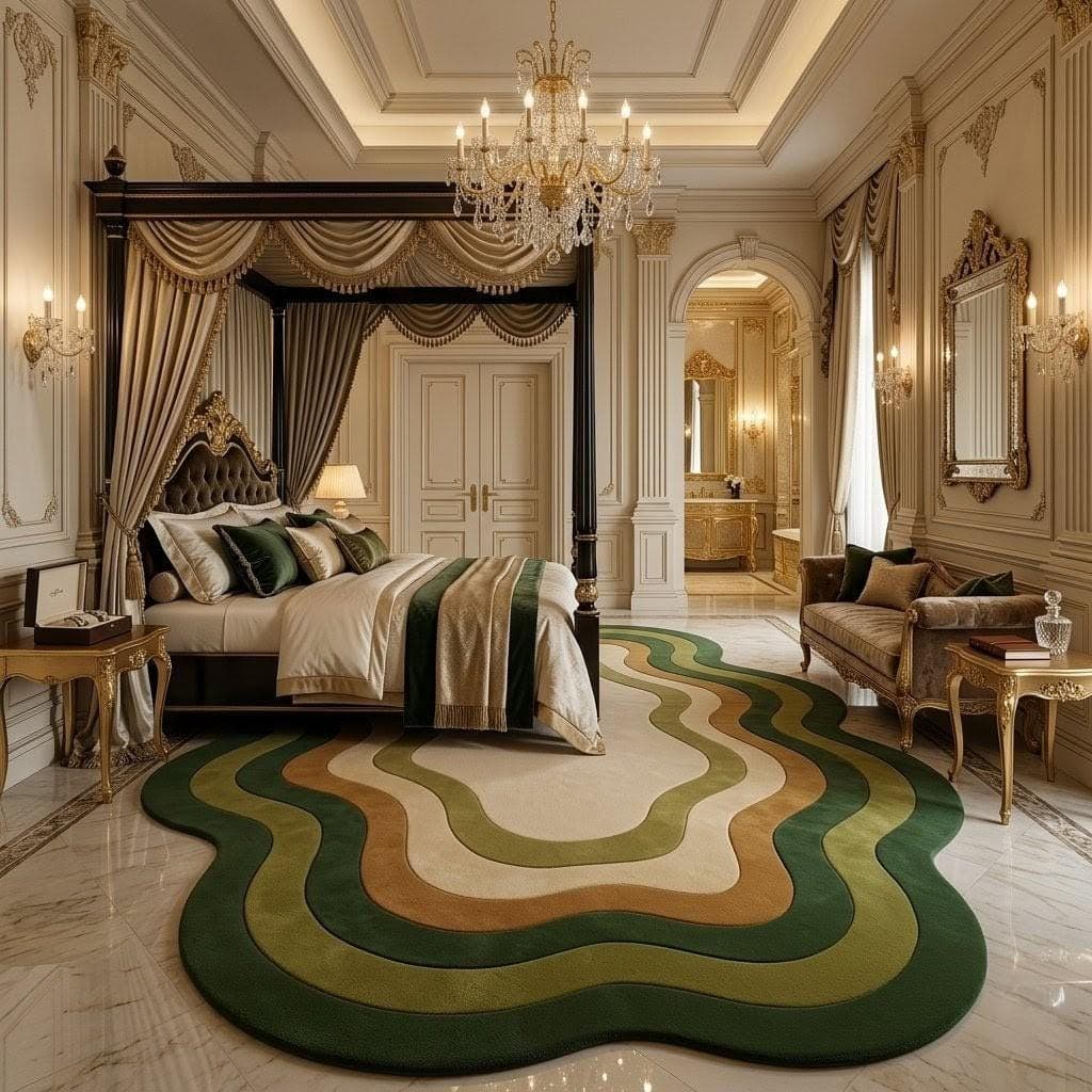 Abstract Wavy Area Rug, Green Gold Modern Designer Carpet, Living Room Statement Floor Rug - image 3