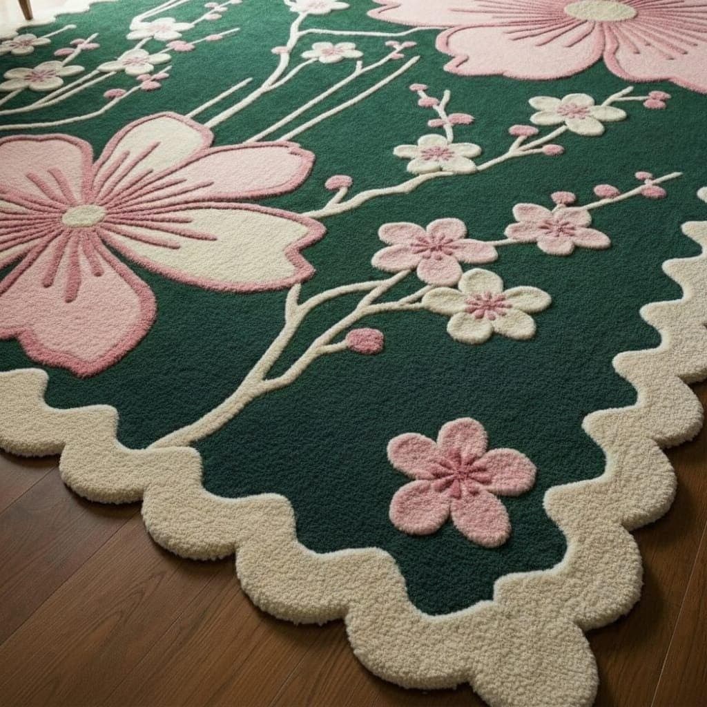 Floral Tufted Rug, Green Pink Botanical Carpet, Scalloped Edge Living Room Decor - image 5