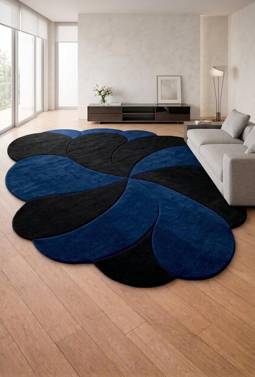 Modern Flower Petal Rug, Blue Black Abstract Area Carpet, Luxury Designer Statement Rug - image 5