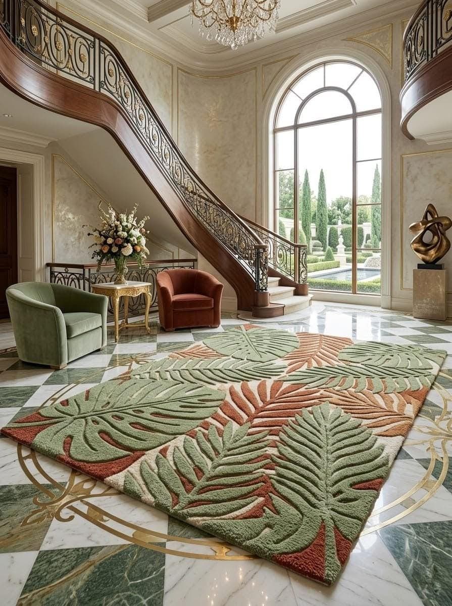 Botanical Leaf Tufted Carpet, Green Terracotta Modern Area Rug