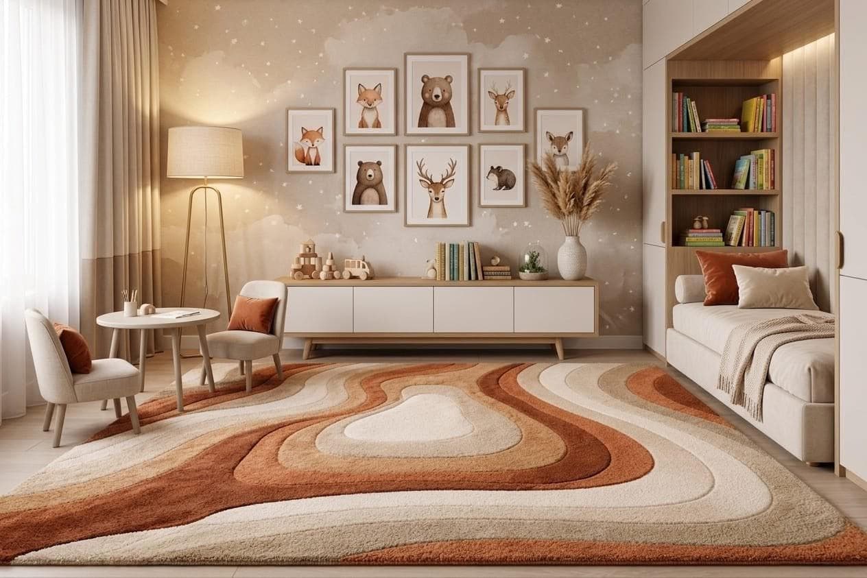 Abstract Wave Area Rug, Beige Rust Plush Carpet, Boho Scandinavian Living Room Floor Carpet - image 4