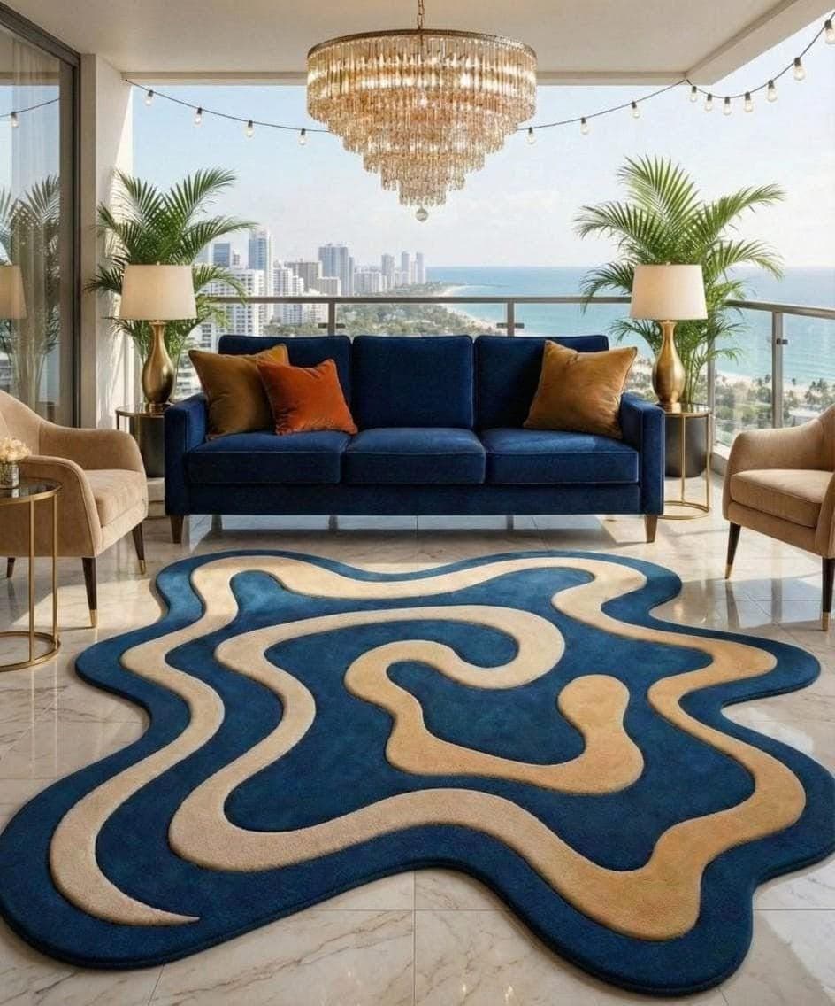 Abstract Wavy Blue Gold Area Rug, Modern Irregular Carpet, Contemporary Floor Decor - image 3