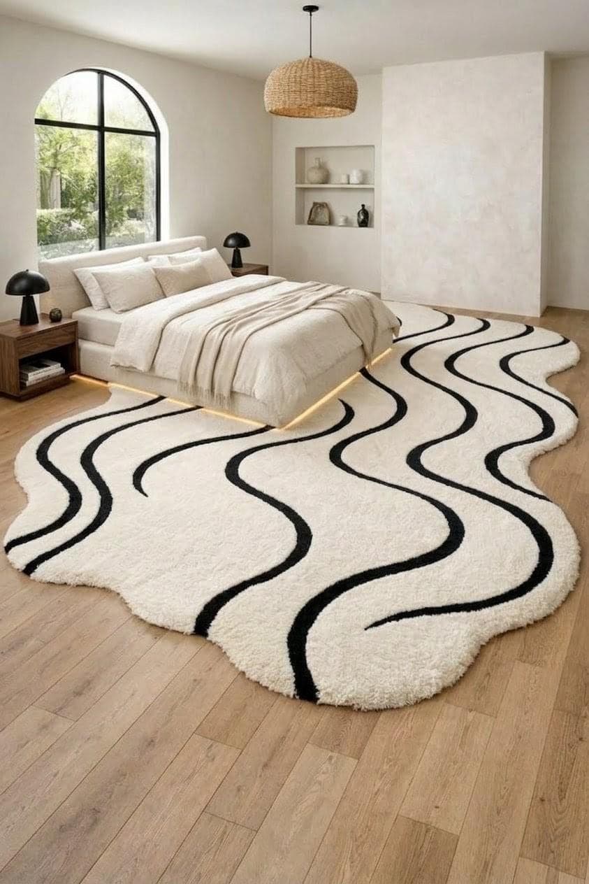 Abstract Wavy Rug, Black White Irregular Carpet, Soft Shaggy Nordic Home Decor - image 3