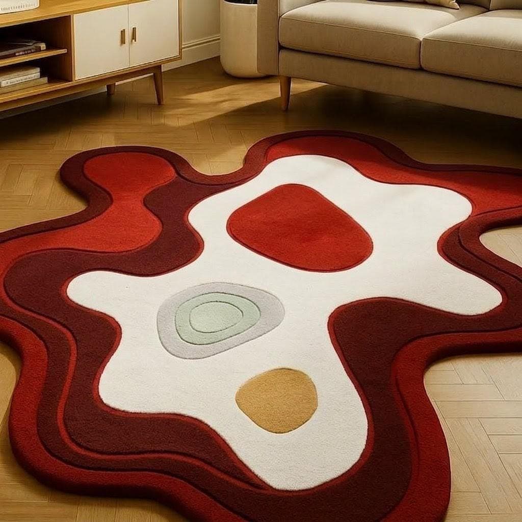 Abstract Irregular Shape Area Rug: Modern Red White Designer Carpet - image 3