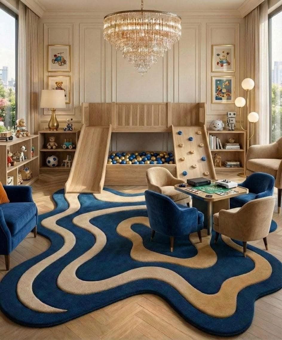 Abstract Wavy Blue Gold Area Rug, Modern Irregular Carpet, Contemporary Floor Decor - image 4