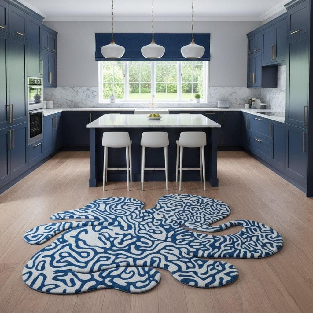 Abstract Irregular Shape Rug, Modern Blue White Artistic Carpet, Luxury Bedroom Living Room - image 3