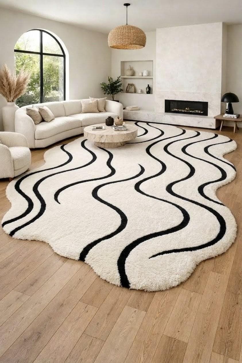 Abstract Wavy Rug, Black White Irregular Carpet, Soft Shaggy Nordic Home Decor