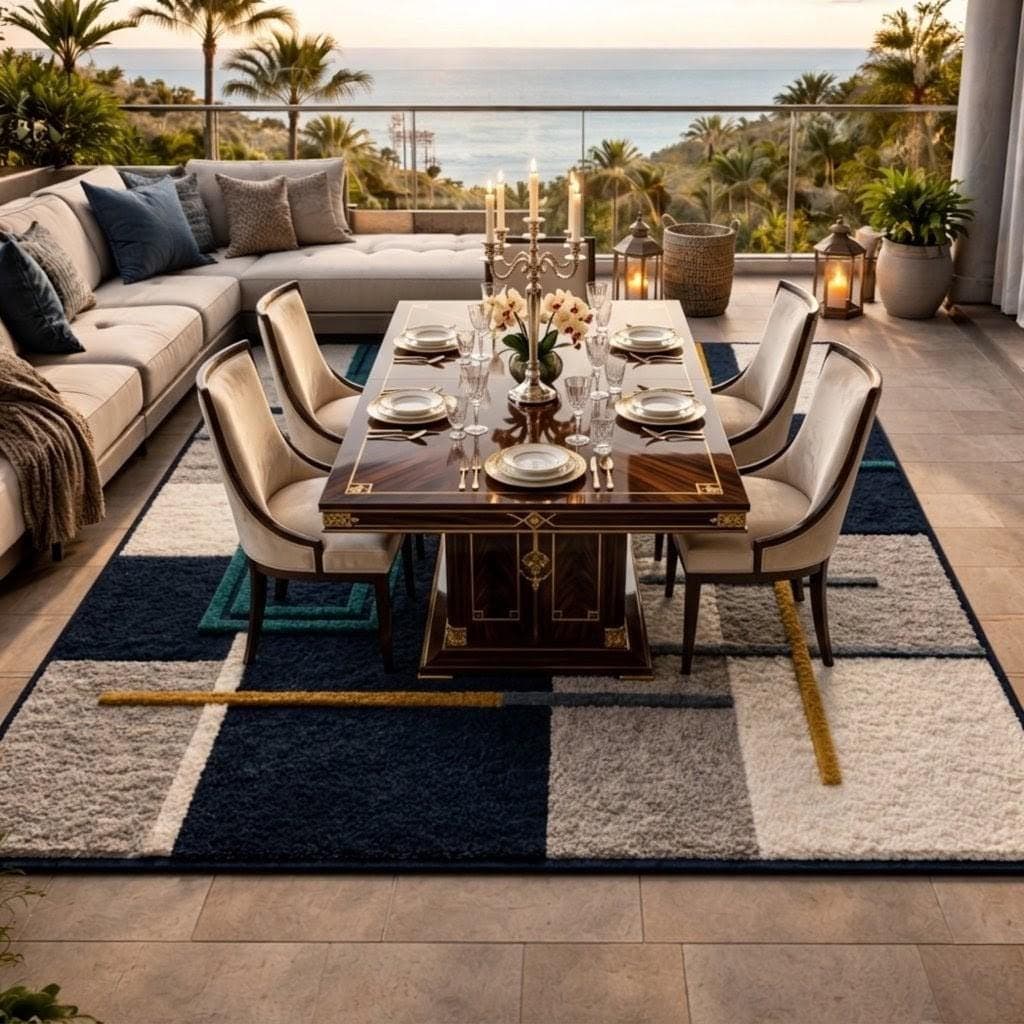 Modern Geometric Area Rug, Navy Blue Grey Cream Abstract Carpet, Contemporary Living Room Decor