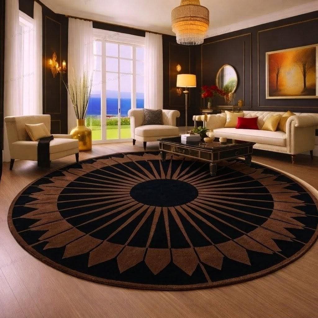 Black Gold Geometric Sunburst Round Area Rug, Luxury Living Room Carpet