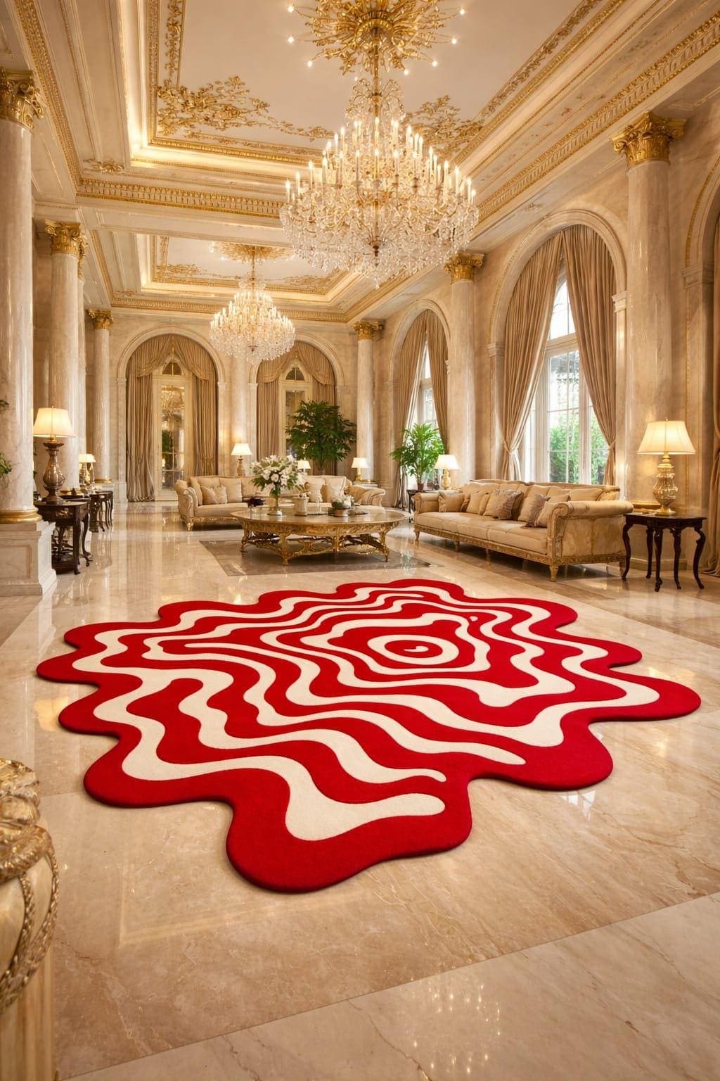 Abstract Red Wavy Area Rug, Irregular Modern Living Room Carpet