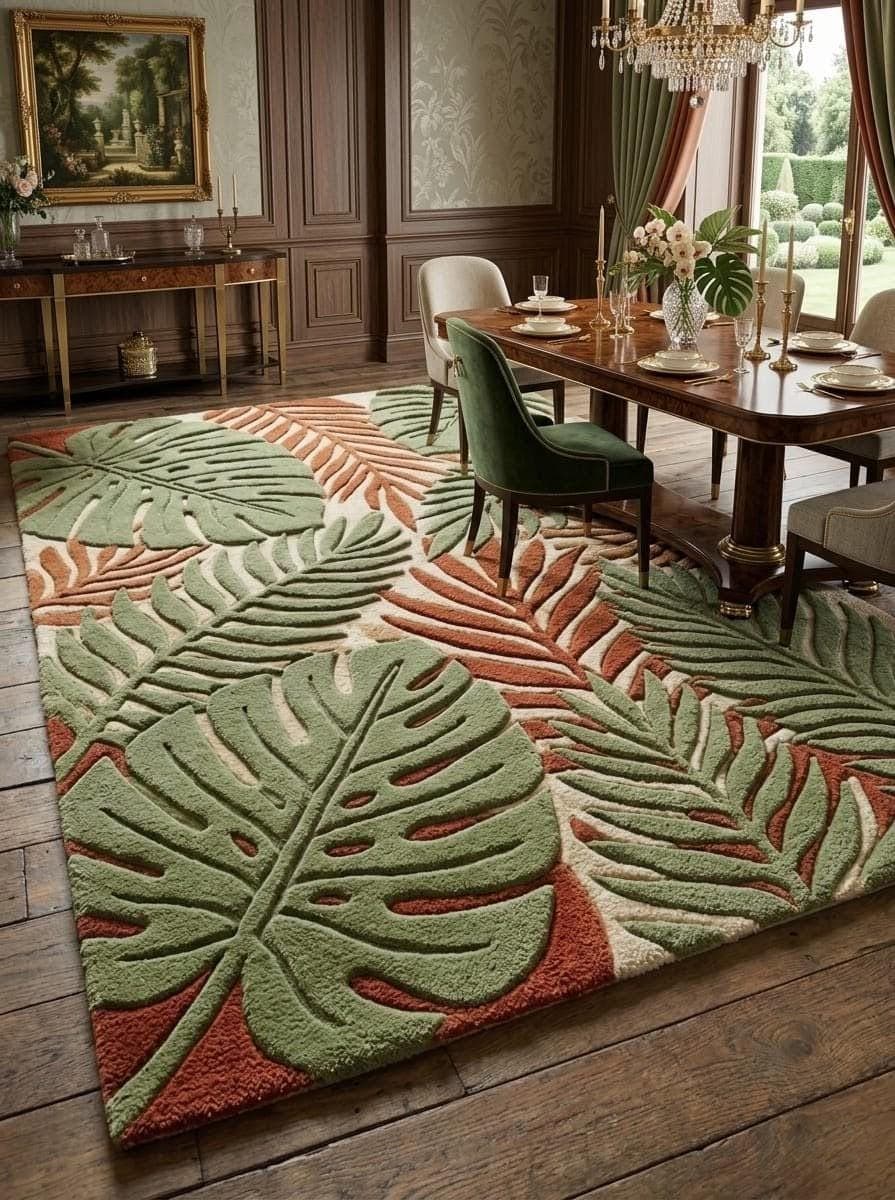 Botanical Leaf Tufted Carpet, Green Terracotta Modern Area Rug - image 4