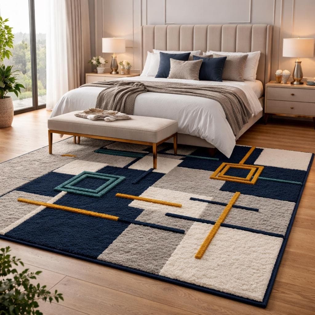 Modern Geometric Area Rug, Navy Blue Grey Cream Abstract Carpet, Contemporary Living Room Decor - image 4
