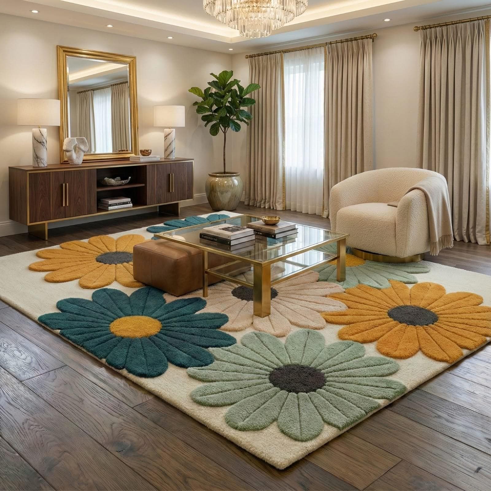 Hand-Tufted Daisy Flower Rug, Boho Floral Wool Carpet, Soft Living Room Bedroom Decor - image 3