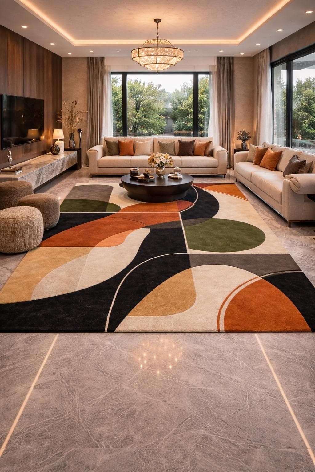 Modern Abstract Geometric Area Rug, Earthy Tones Living Room Carpet, Soft Floor Decor - image 5