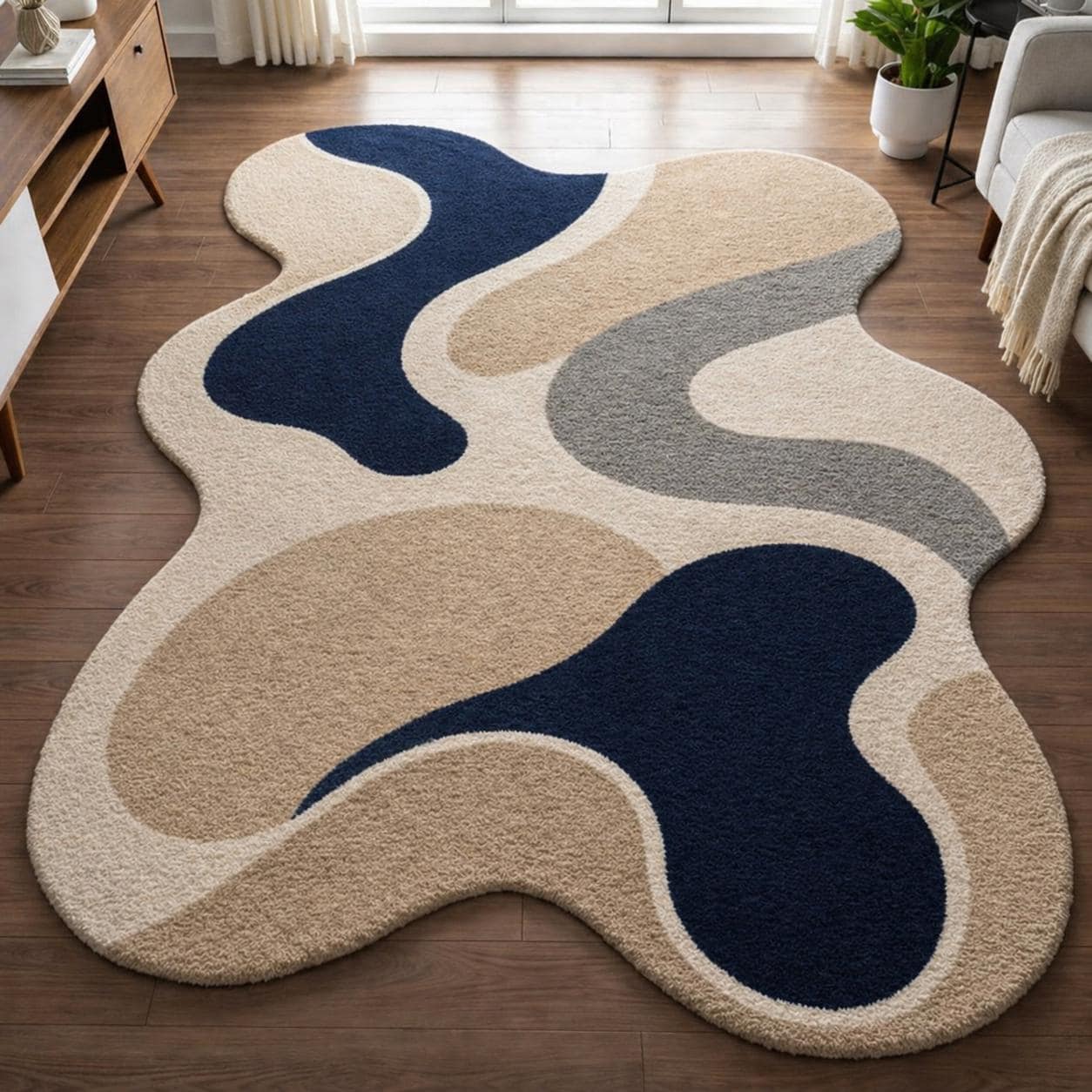 Abstract Irregular Shape Rug, Navy Beige Plush Living Room Carpet, Contemporary Floor Decor