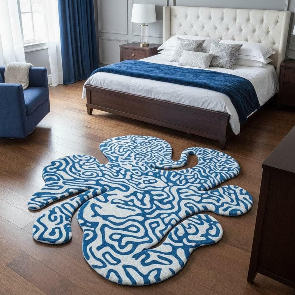 Abstract Irregular Shape Rug, Modern Blue White Artistic Carpet, Luxury Bedroom Living Room