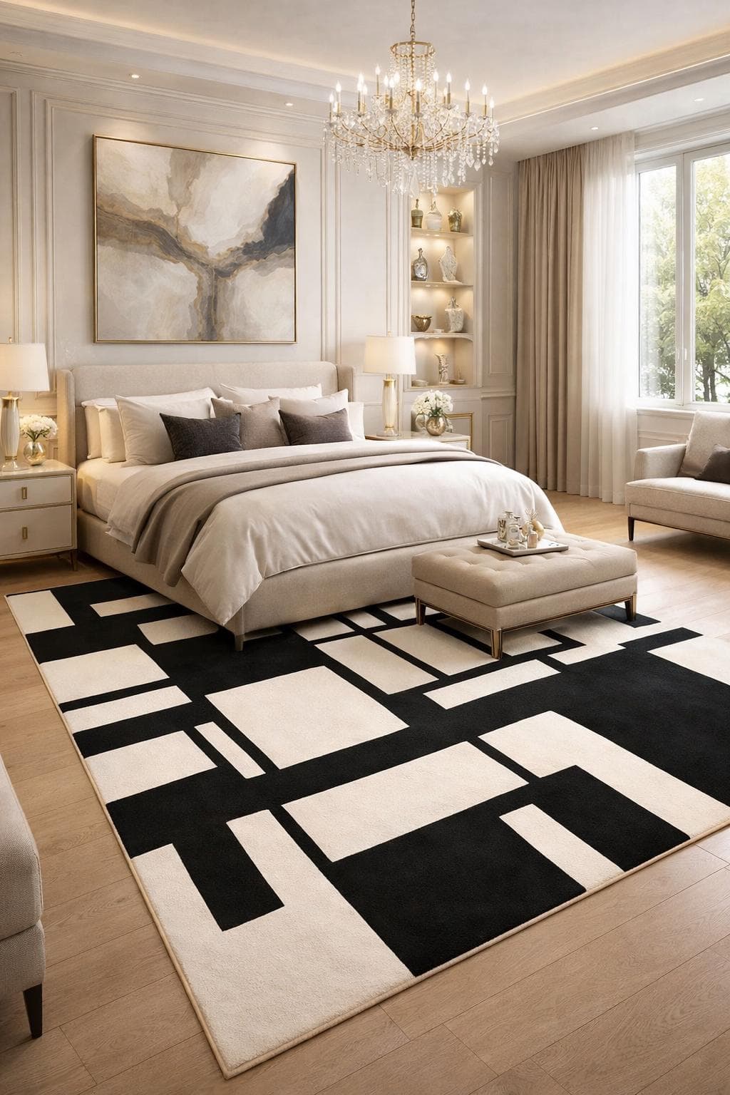 Modern Black White Geometric Area Rug, Abstract Scandinavian Living Room Carpet - image 3