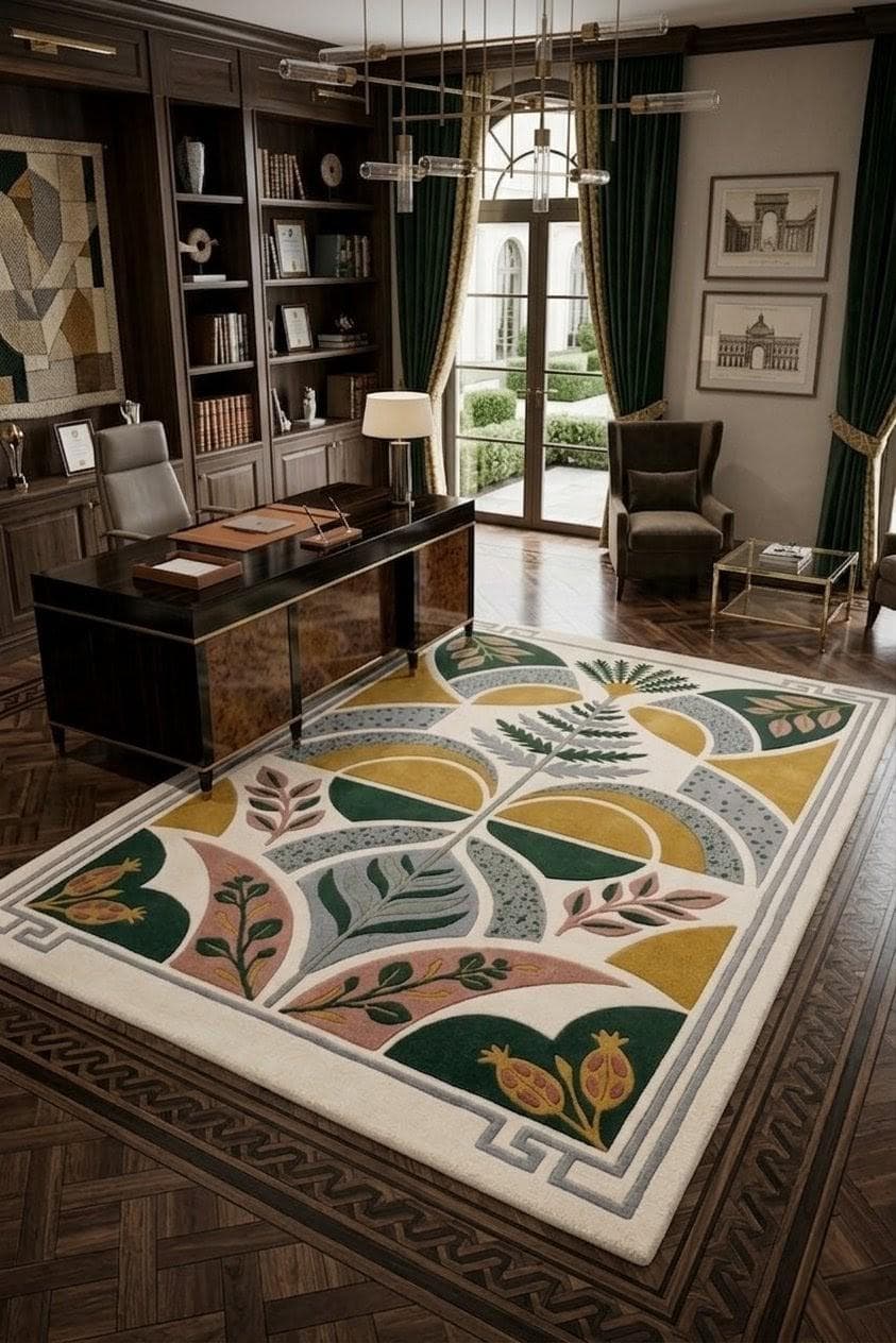 Botanical Area Rug, Modern Floral Geometric Carpet, Green Mustard Cream Living Room Rug