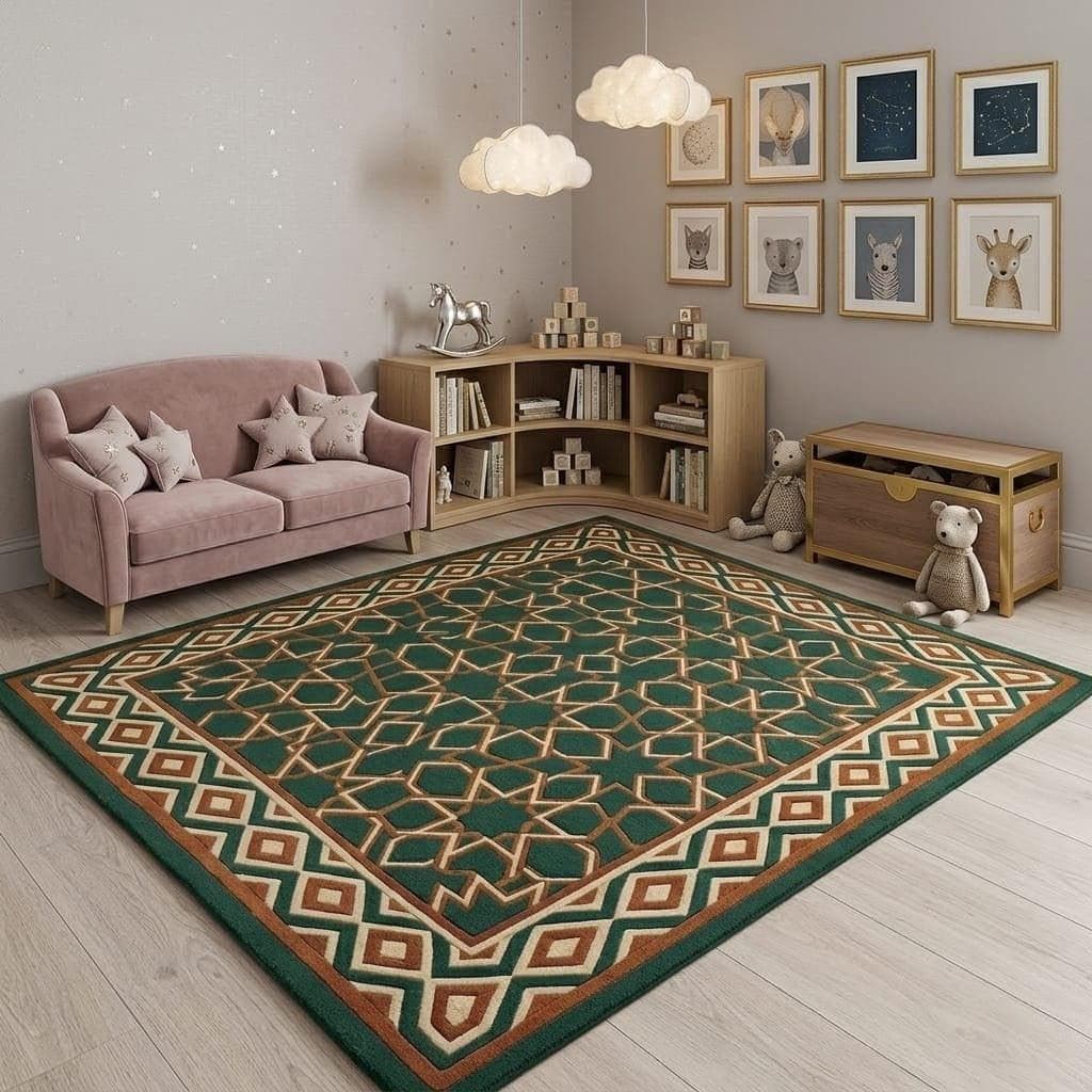 Green Geometric Moroccan Area Rug, Modern Kids Room Carpet, Boho Nursery Decor
