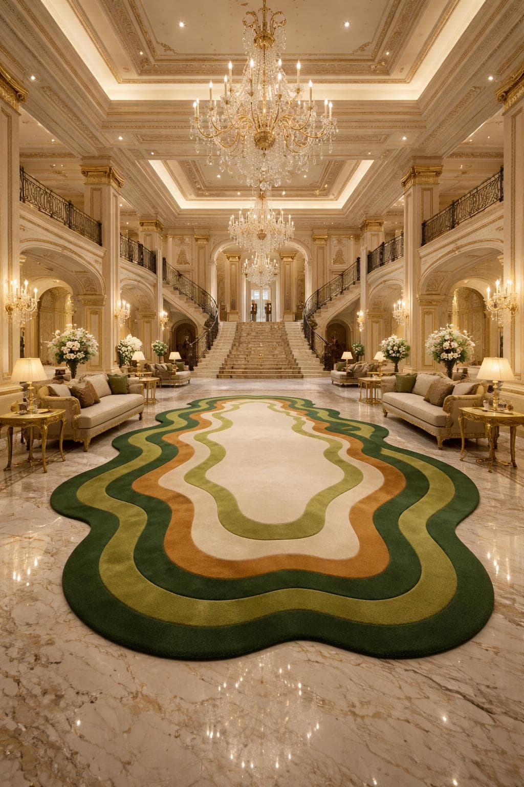 Abstract Wavy Area Rug, Green Gold Modern Designer Carpet, Living Room Statement Floor Rug