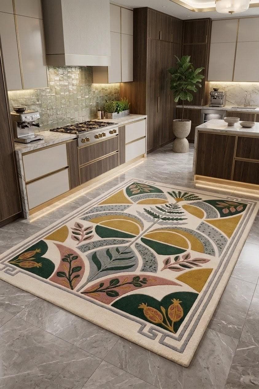 Botanical Area Rug, Modern Floral Geometric Carpet, Green Mustard Cream Living Room Rug - image 4