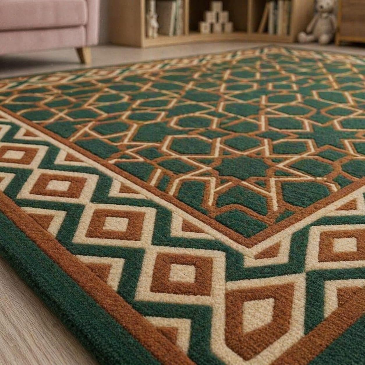 Green Geometric Moroccan Area Rug, Modern Kids Room Carpet, Boho Nursery Decor - image 3