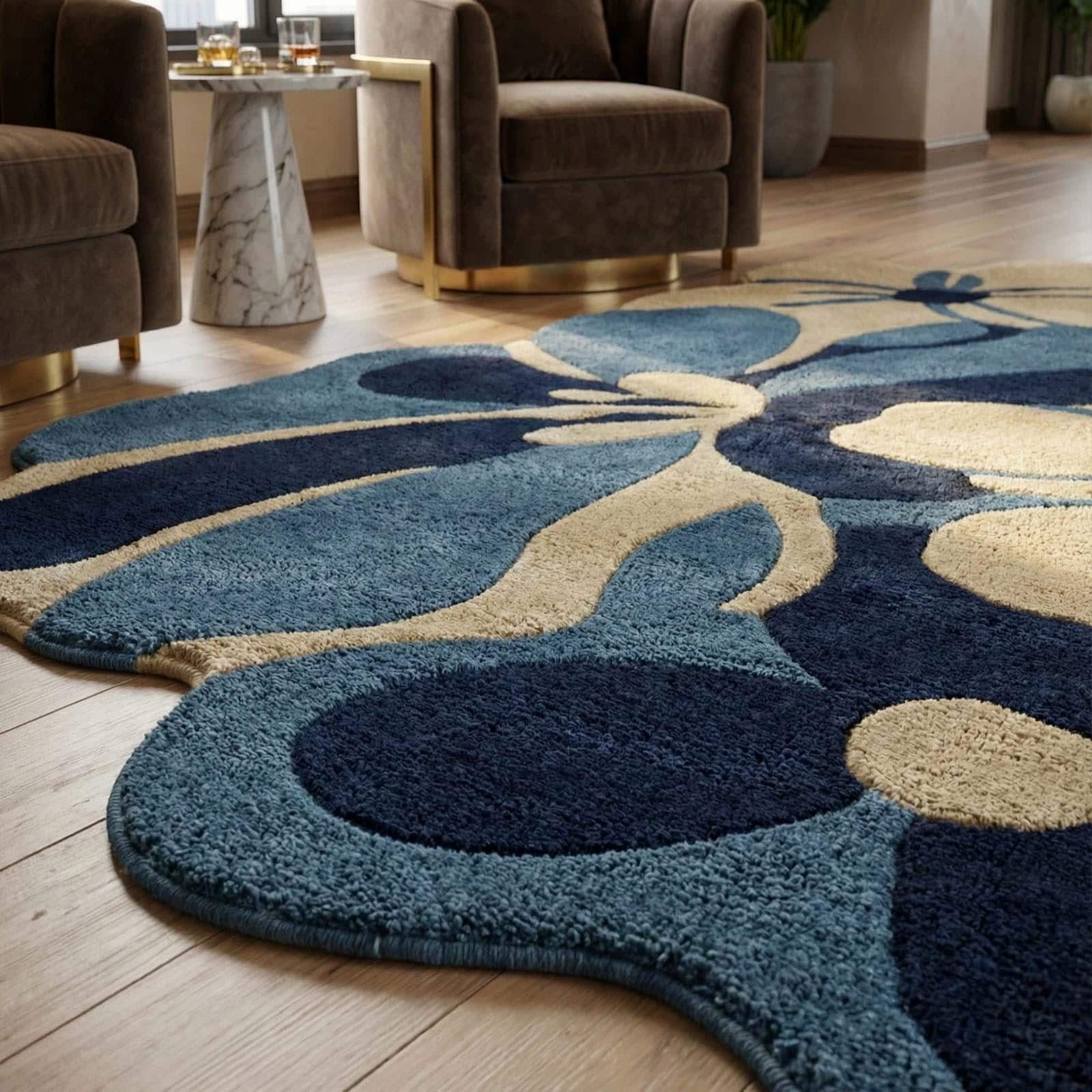 Handmade Floral Wool Rug, Irregular Abstract Blue Beige Carpet, Modern Entryway Hallway - image 4