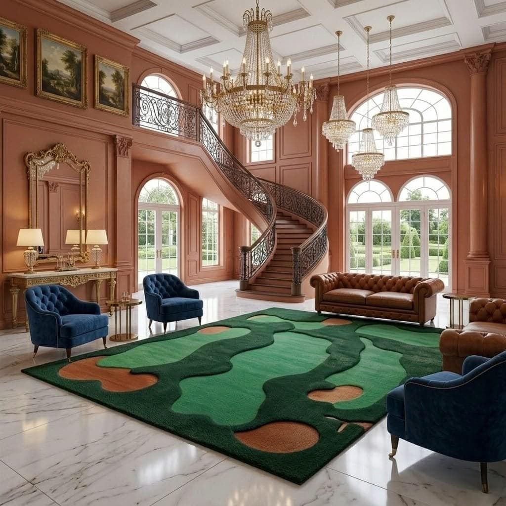 Green Abstract Golf Course Area Rug, Modern Artistic Carpet, Irregular Shape Floor Decor - image 5