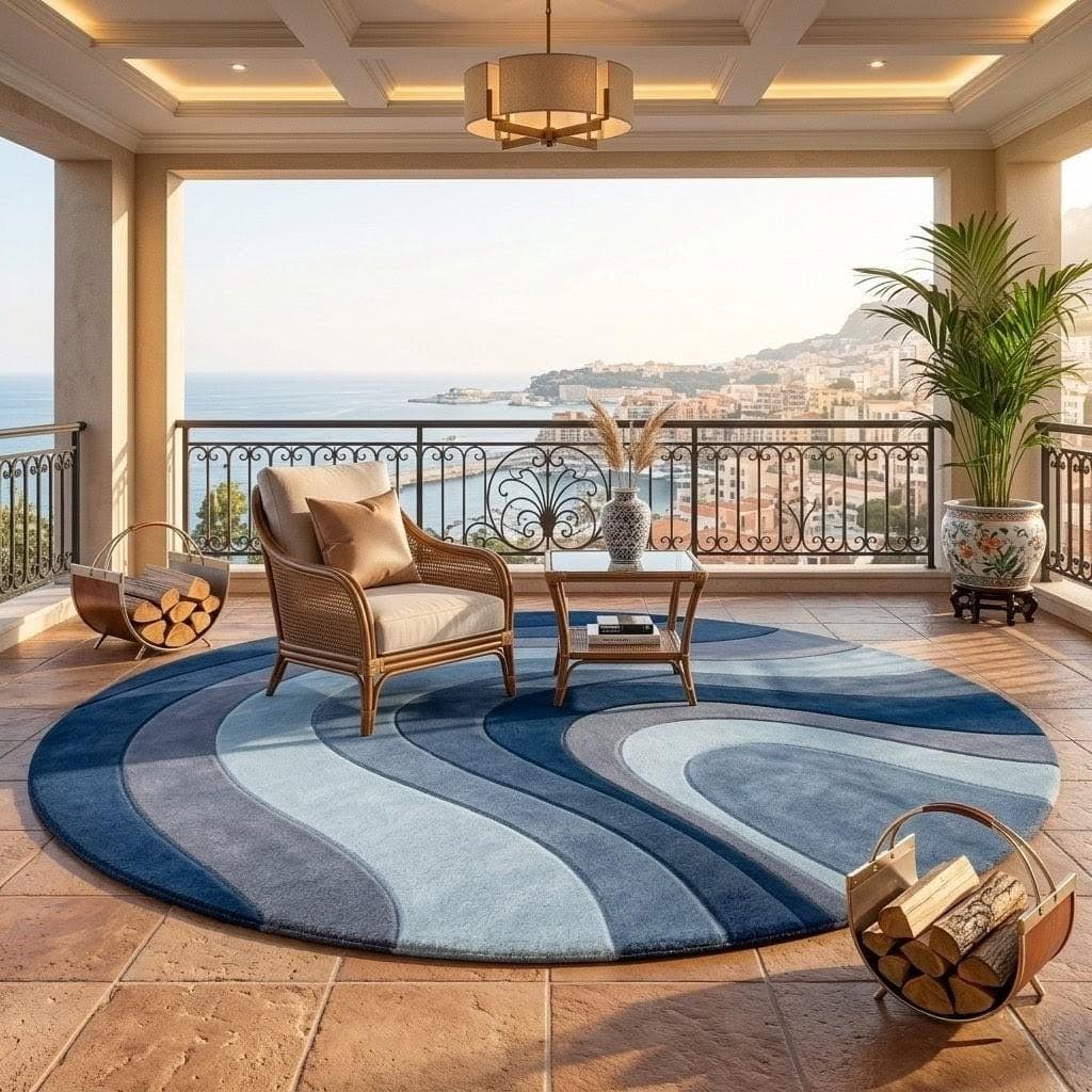 Hand-tufted Wool Round Rug, Abstract Blue Wave Pattern Carpet, Contemporary Living Room Décor - image 3