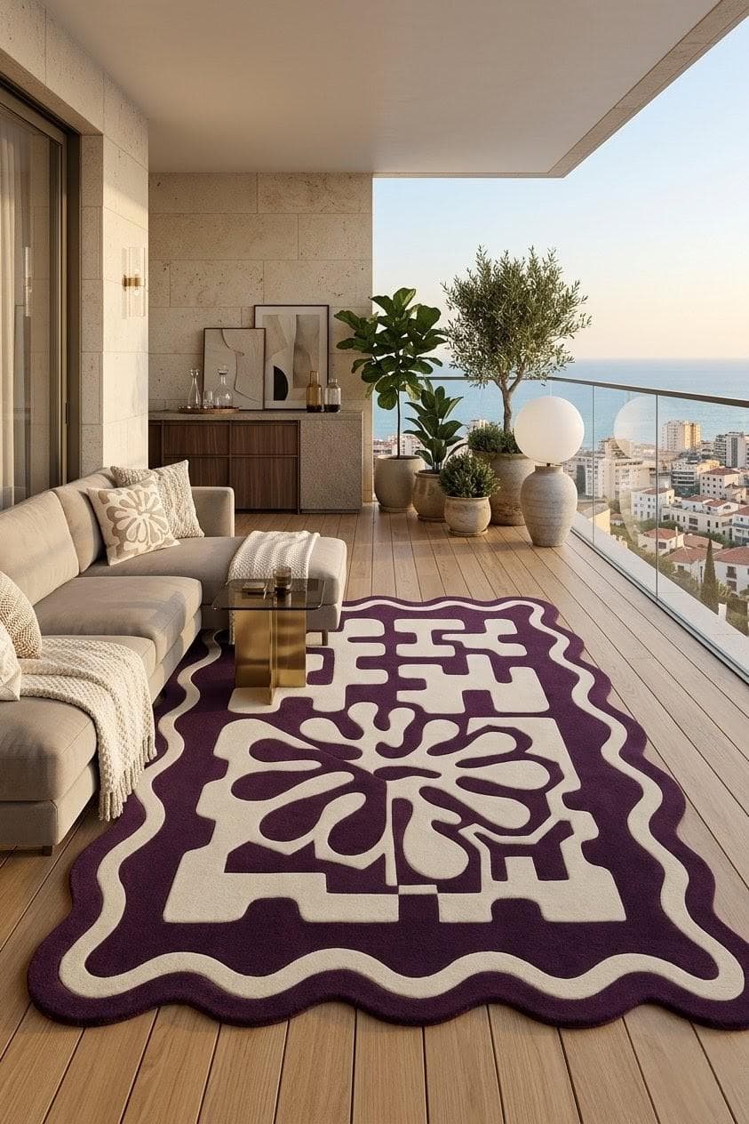 Abstract Purple Wavy Edge Rug, Hand-Tufted Floral Geometric Carpet