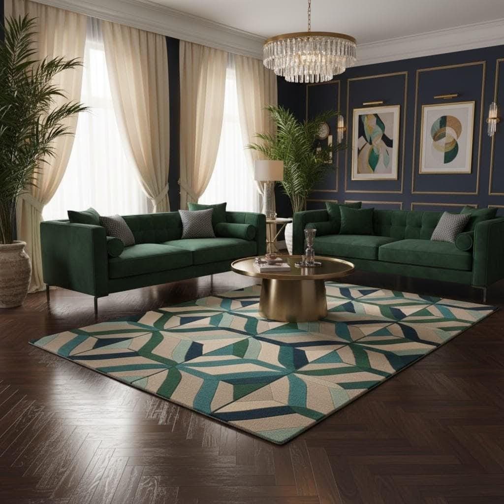 Modern Geometric Area Rug, Blue Green Abstract Scandinavian Carpet - image 3