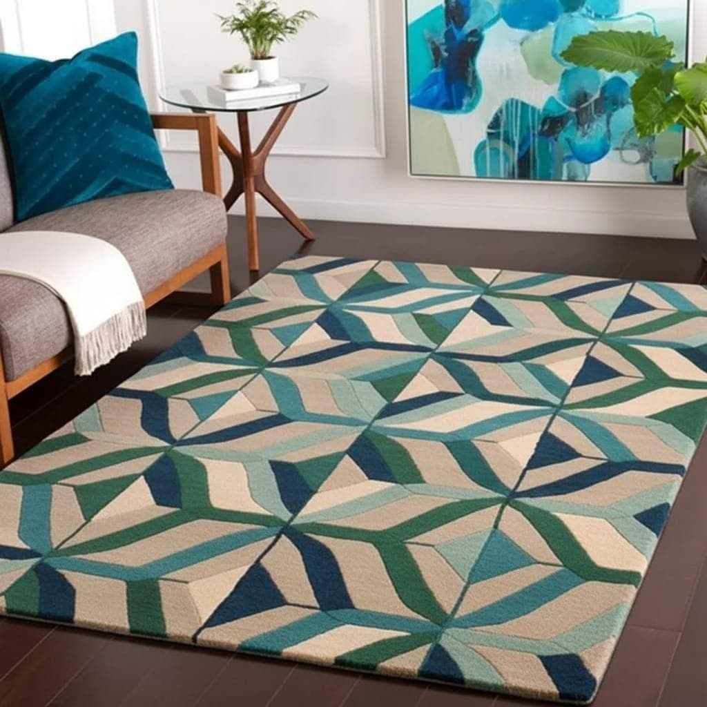 Modern Geometric Area Rug, Blue Green Abstract Scandinavian Carpet