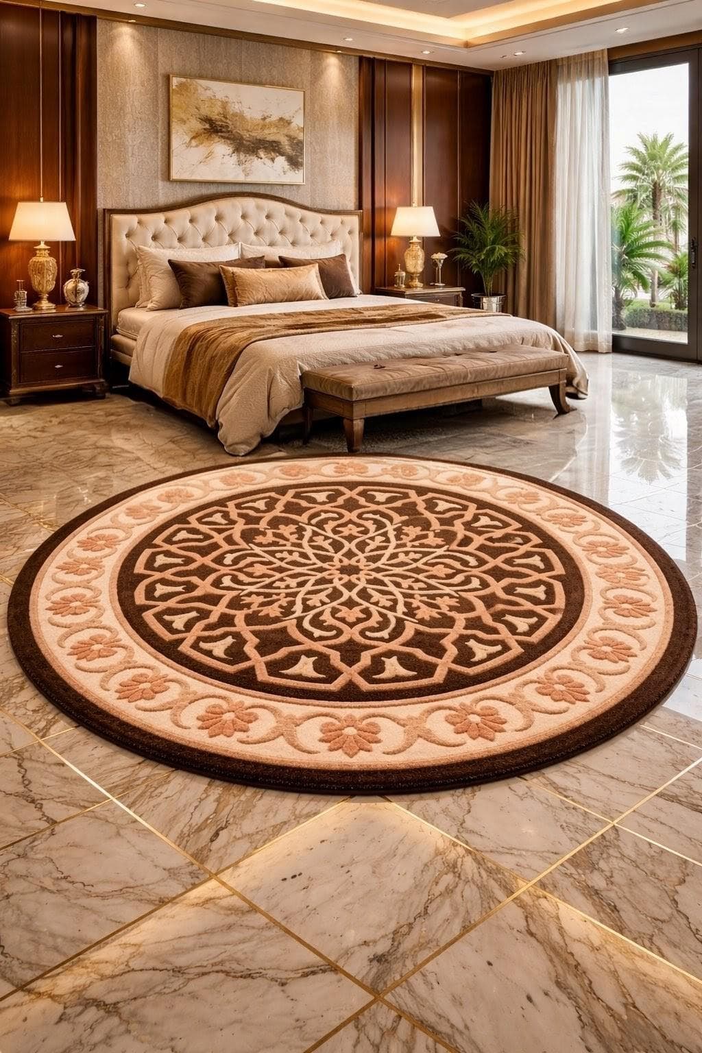 Round Floral Medallion Rug, Beige Brown Plush Carpet, Modern Living Room Décor
