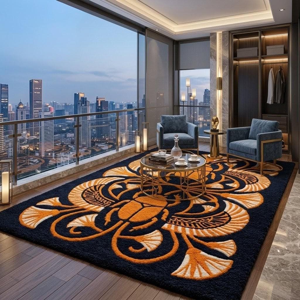 Egyptian Scarab Rug, Navy Blue Gold Palace Style Carpet, Handmade Statement Area Rug - image 4