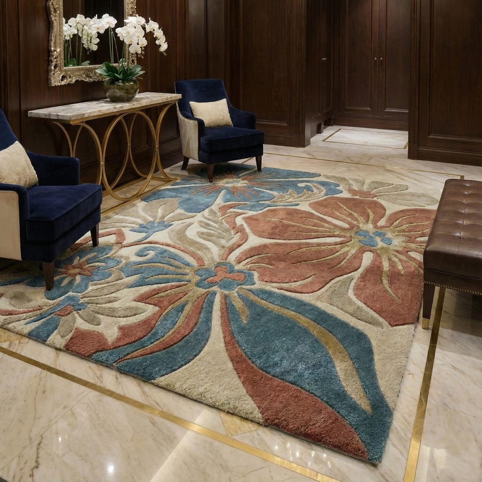 Hand Tufted Floral Area Rug, Plush Living Room Carpet, Designer Flower Pattern
