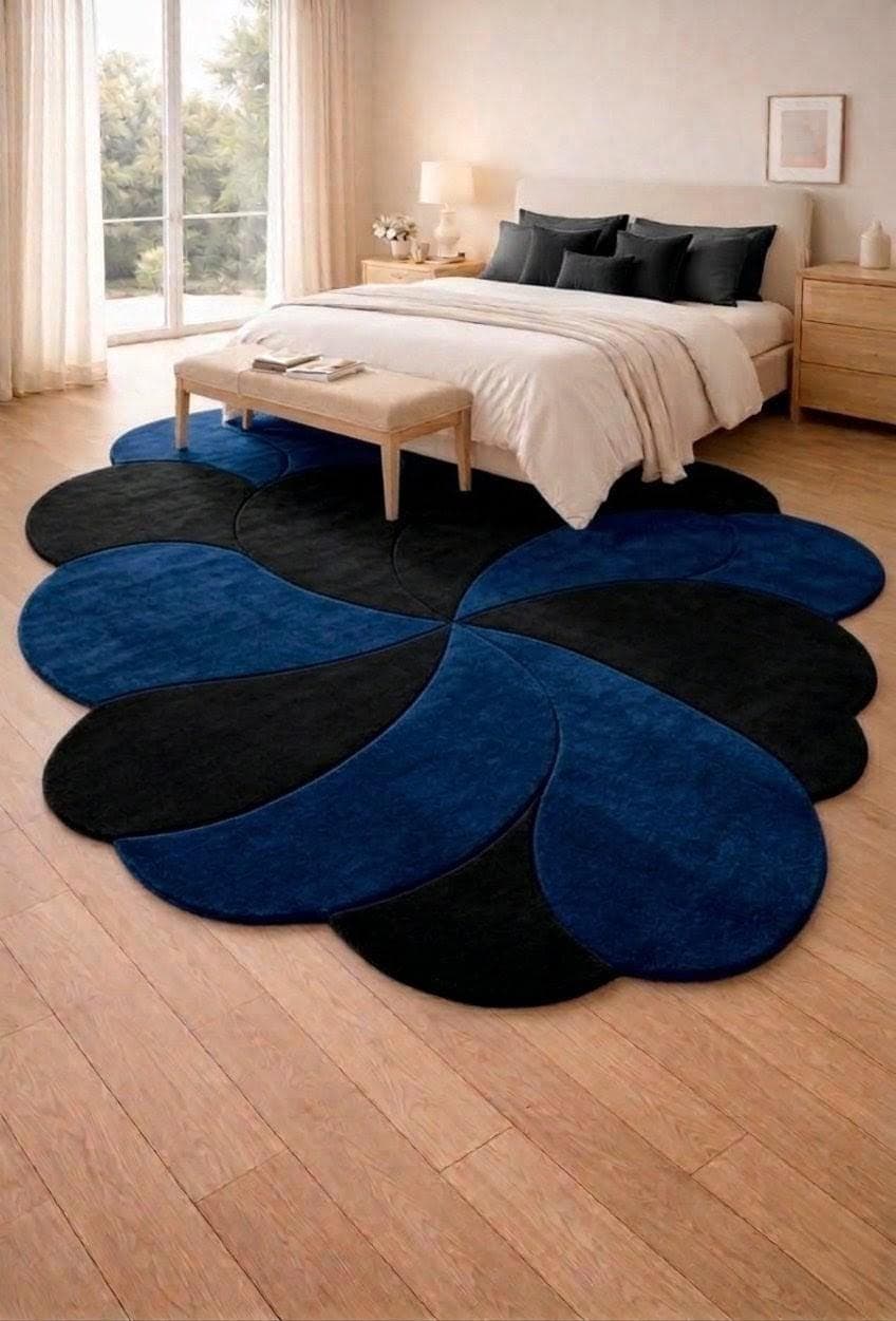 Modern Flower Petal Rug, Blue Black Abstract Area Carpet, Luxury Designer Statement Rug - image 4