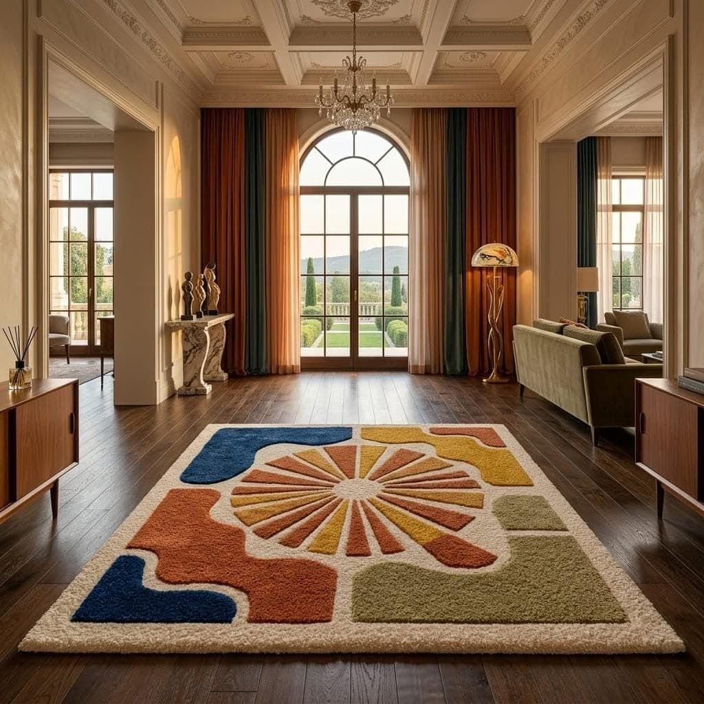 Modern Abstract Sunburst Rug, Colorful Geometric Mid Century Carpet, Boho Luxury Floor Decor