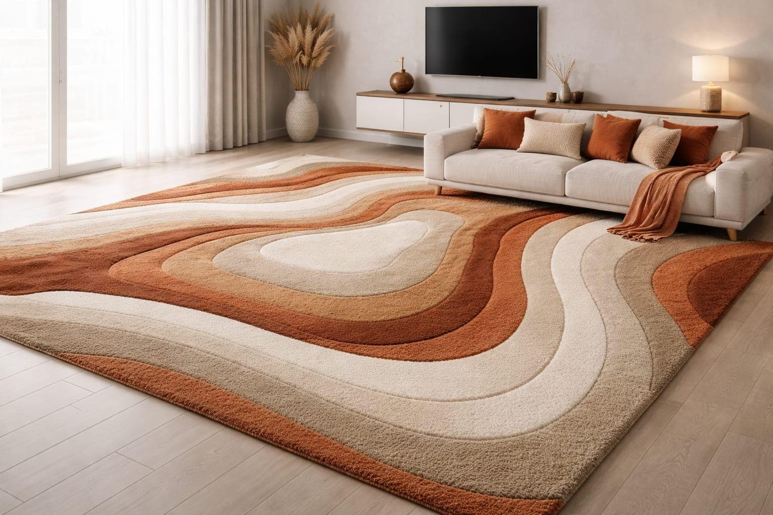 Abstract Wave Area Rug, Beige Rust Plush Carpet, Boho Scandinavian Living Room Floor Carpet - image 5