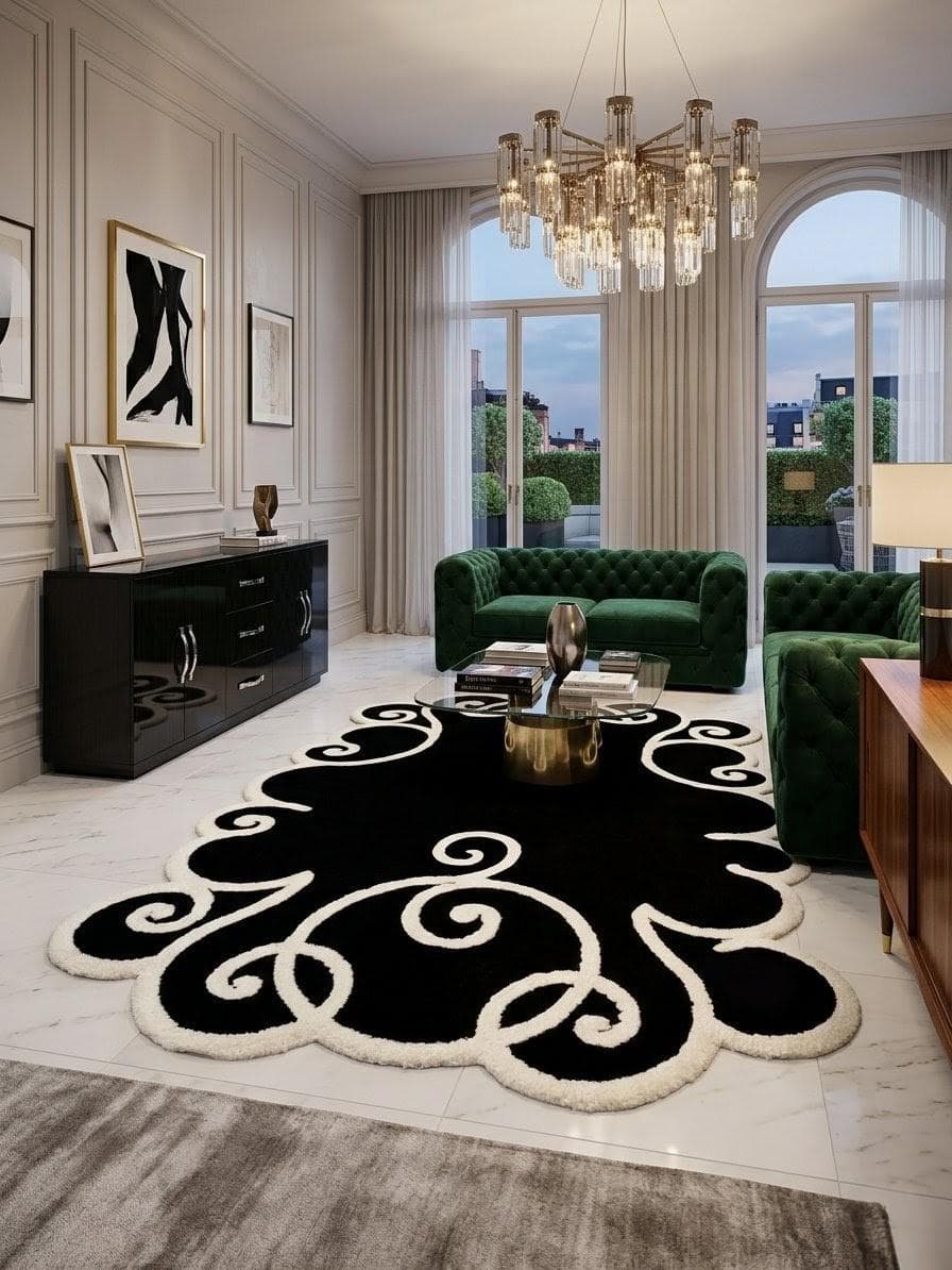 Luxury Black White Abstract Swirl Rug, Modern Tufted Balcony Carpet, Plush Living Room Decor