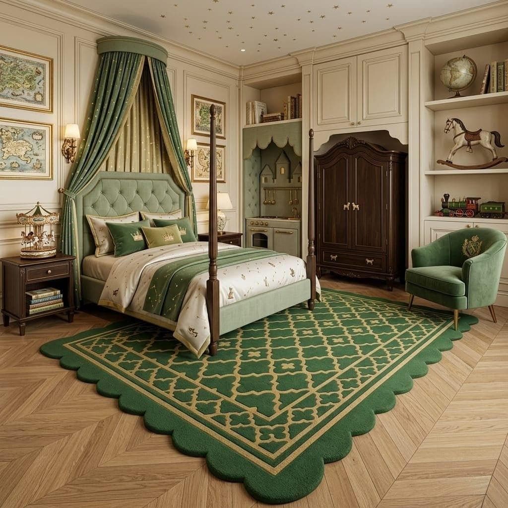 Green Geometric Moroccan Rug, Scalloped Edge Area Carpet, Luxury Bedroom Decor - image 5
