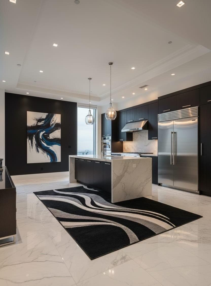 Modern Abstract Wave Area Rug, Black Beige Luxury Carpet, Contemporary Living Room Floor Rug - image 4