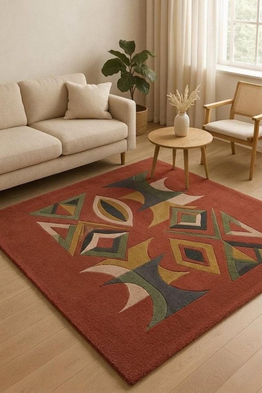 Hand Tufted Geometric Wool Rug, Abstract Mid Century Boho Carpet