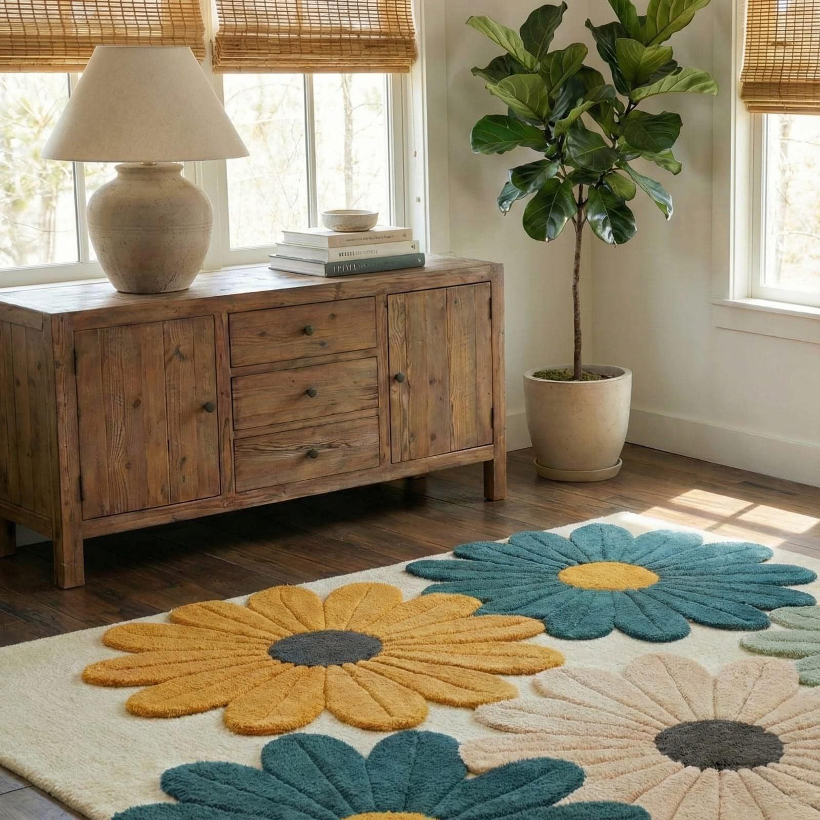 Hand-Tufted Daisy Flower Rug, Boho Floral Wool Carpet, Soft Living Room Bedroom Decor - image 4
