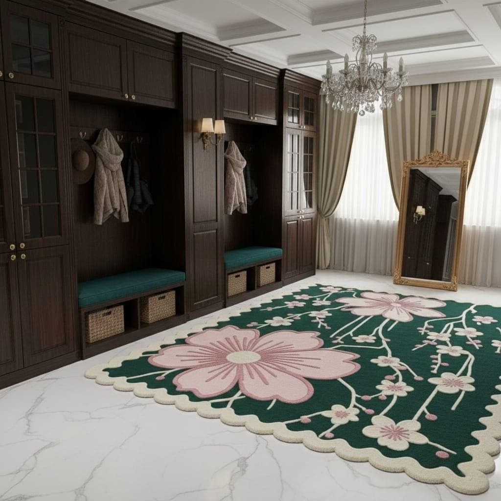 Floral Tufted Rug, Green Pink Botanical Carpet, Scalloped Edge Living Room Decor - image 4
