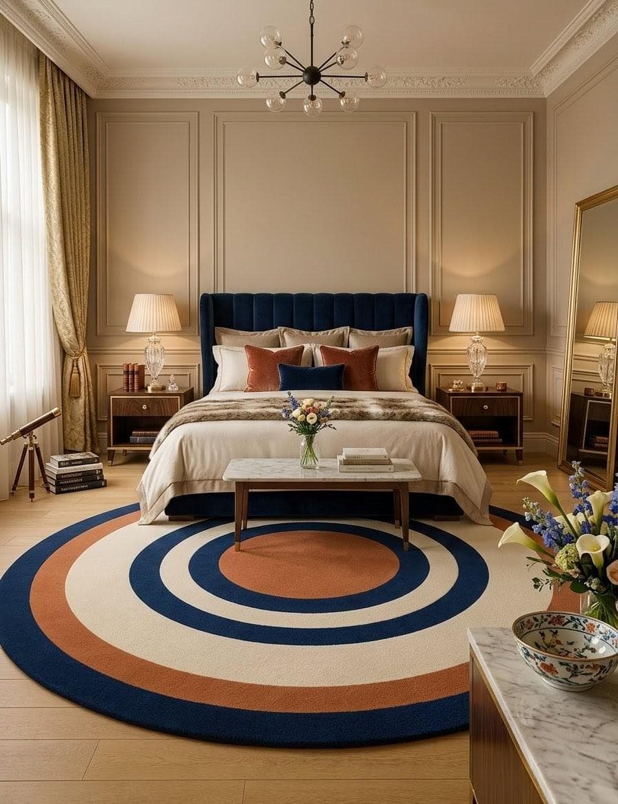 Hand-Knotted Wool Rug – Modern Bullseye Design, Navy Burnt Orange Cream Area Rug - image 5