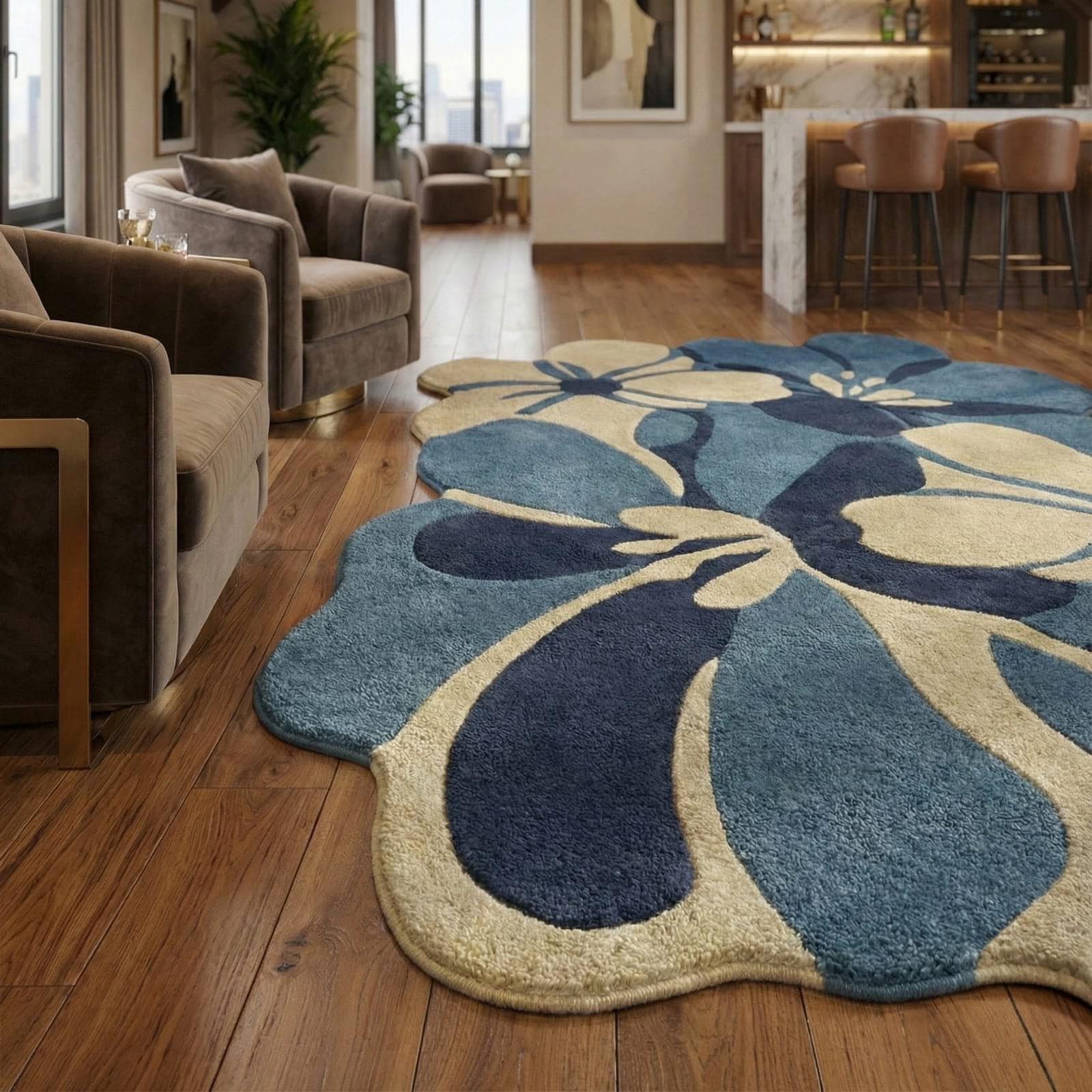 Handmade Floral Wool Rug, Irregular Abstract Blue Beige Carpet, Modern Entryway Hallway - image 3