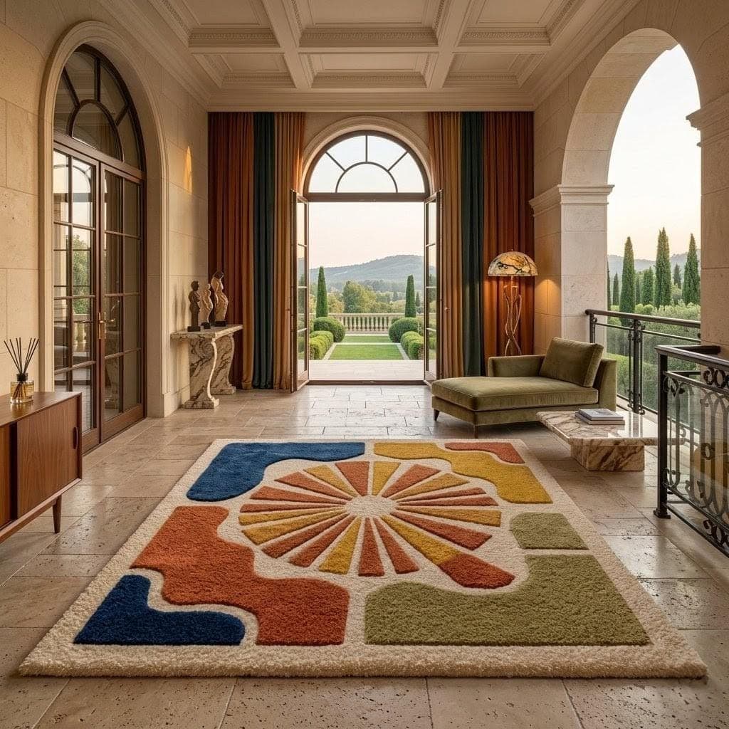 Modern Abstract Sunburst Rug, Colorful Geometric Mid Century Carpet, Boho Luxury Floor Decor - image 5