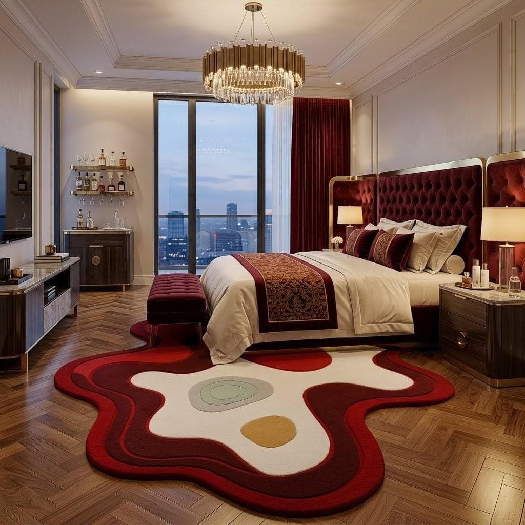 Abstract Irregular Shape Area Rug: Modern Red White Designer Carpet