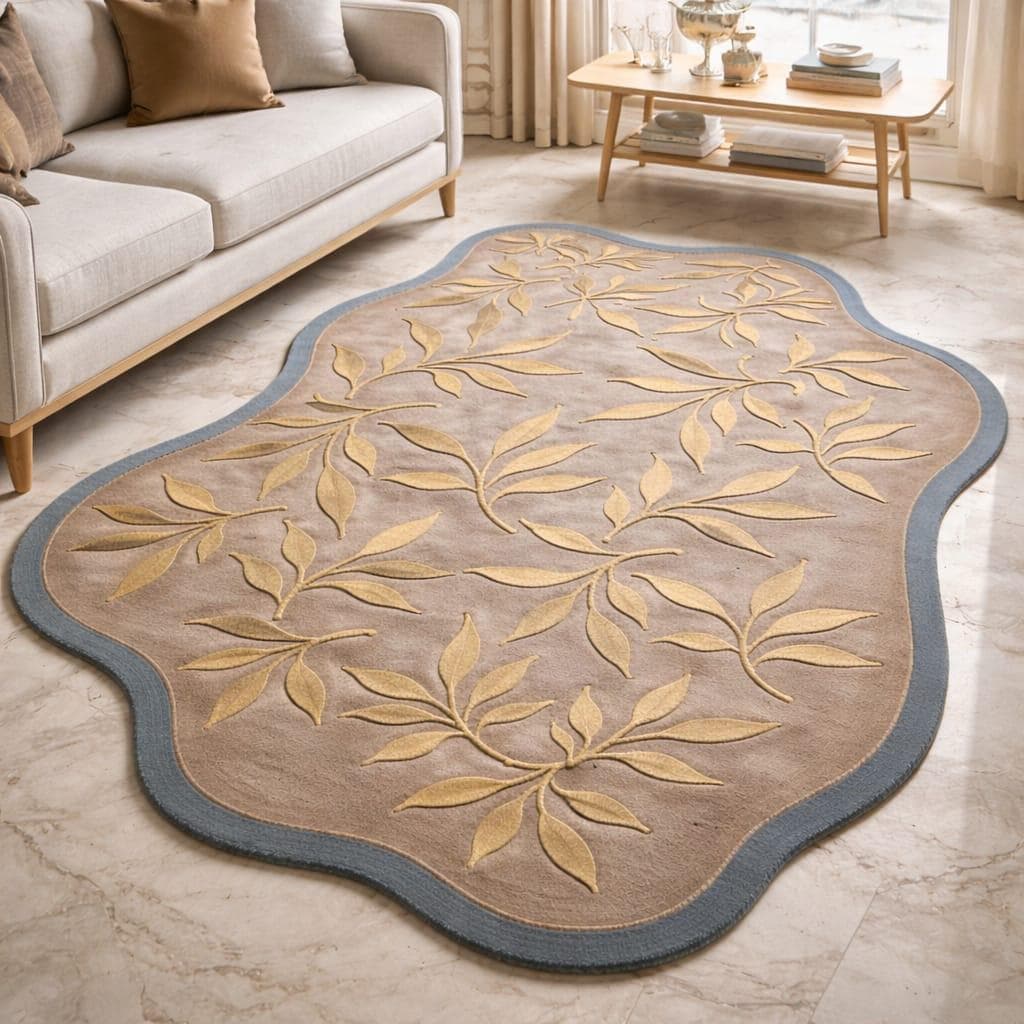 Beige Gold Floral Leaf Area Rug, Irregular Shape Plush Carpet - image 5